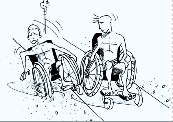 Illustration, deux personnes en fauteuil roulant sont sur la plage, une est embourbée dans le sable